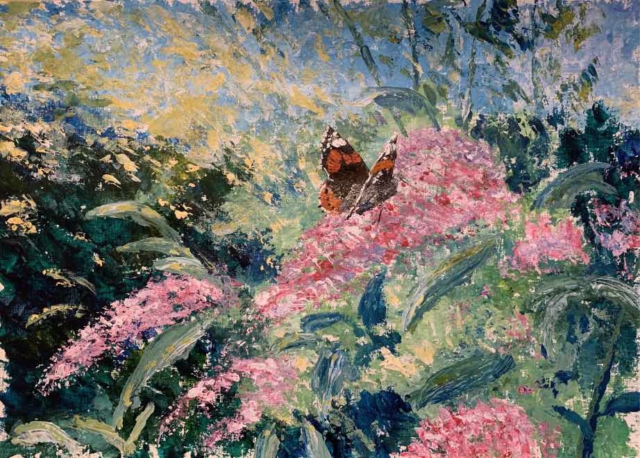 Red Admiral on Buddleia Bush — painting by Anirak Edza