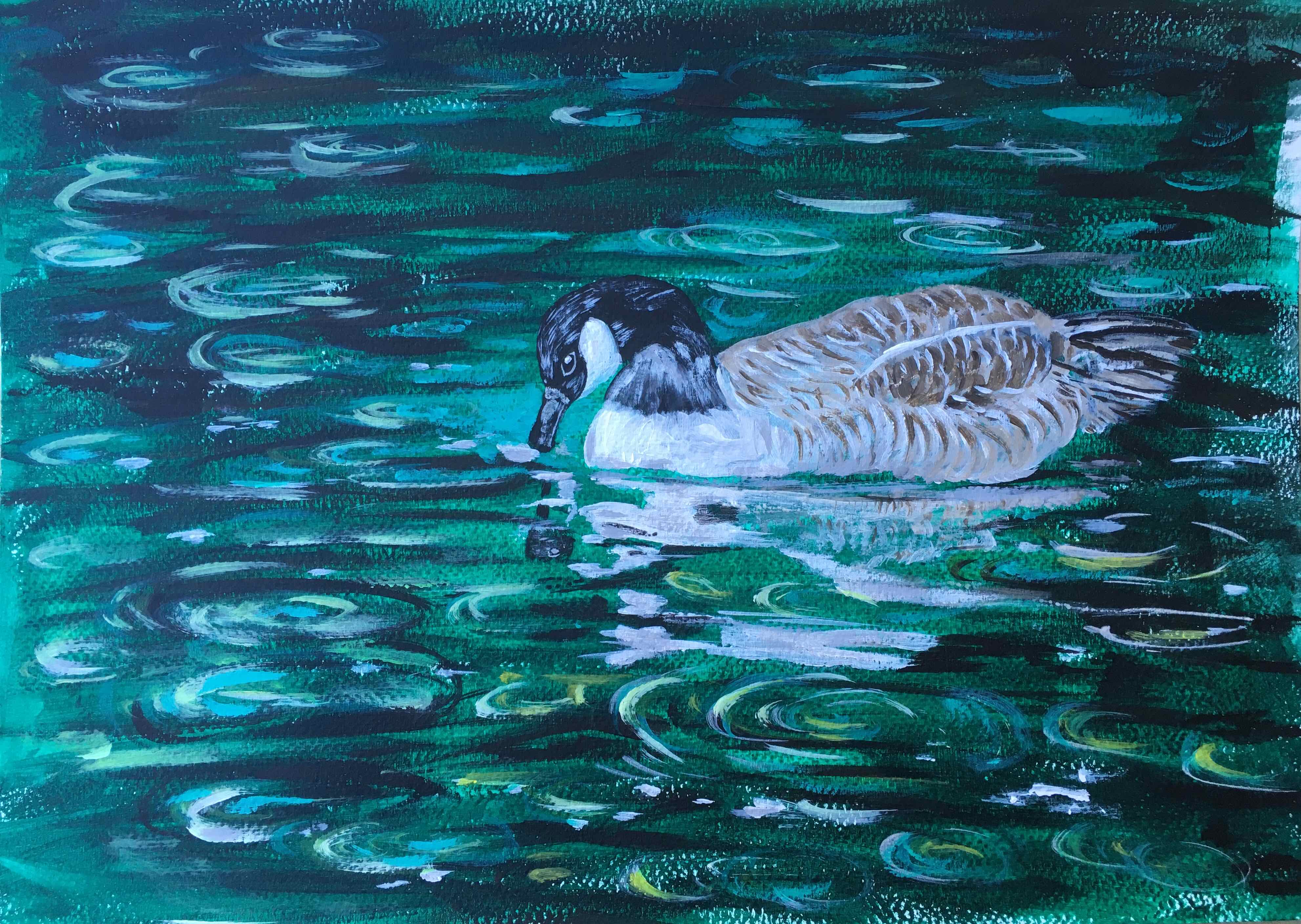 Duck Floating on Emerald — painting by Anirak Edza